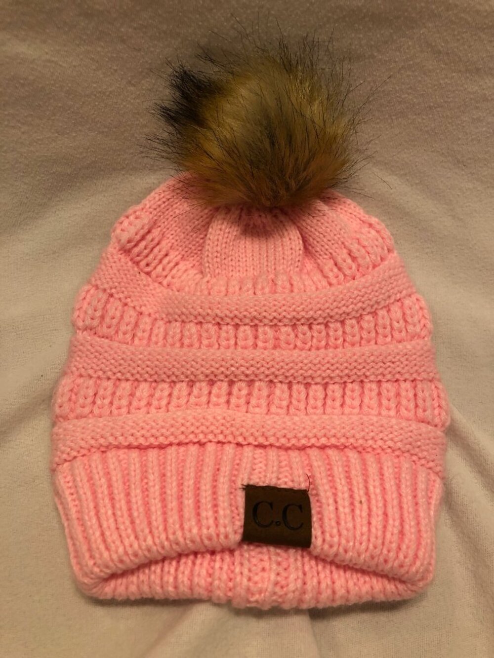 C.C. Thick Cable Knit Faux Fuzzy Fur Pom Cuff Beanie
